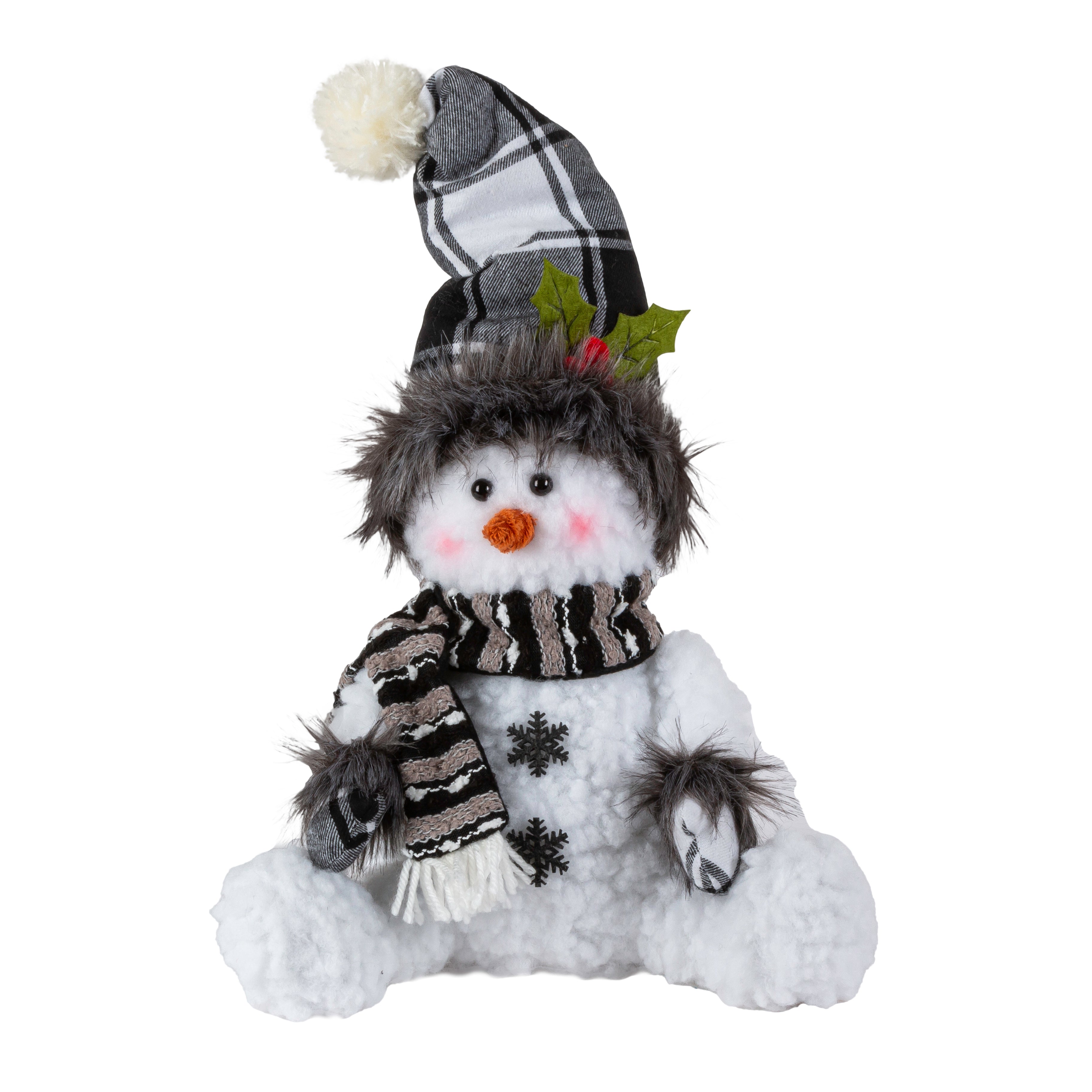 Snow dusted 11 in H Black and White Plaid Soft Sculpture Snowmen, Set of 2